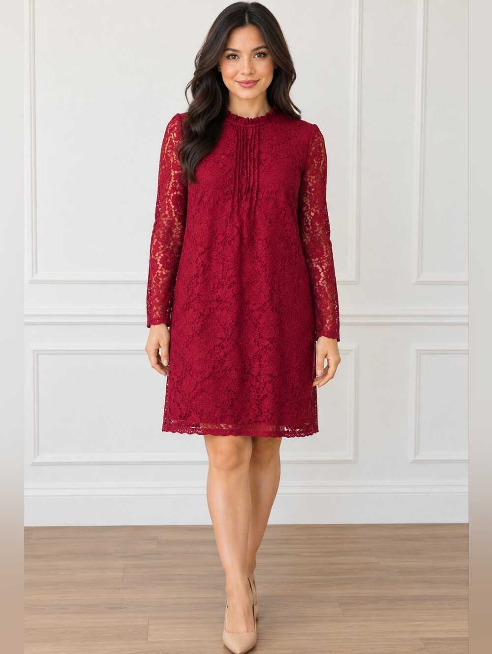 Ivy City Co Burgundy Floral Lace Long Sleeve Dress XS